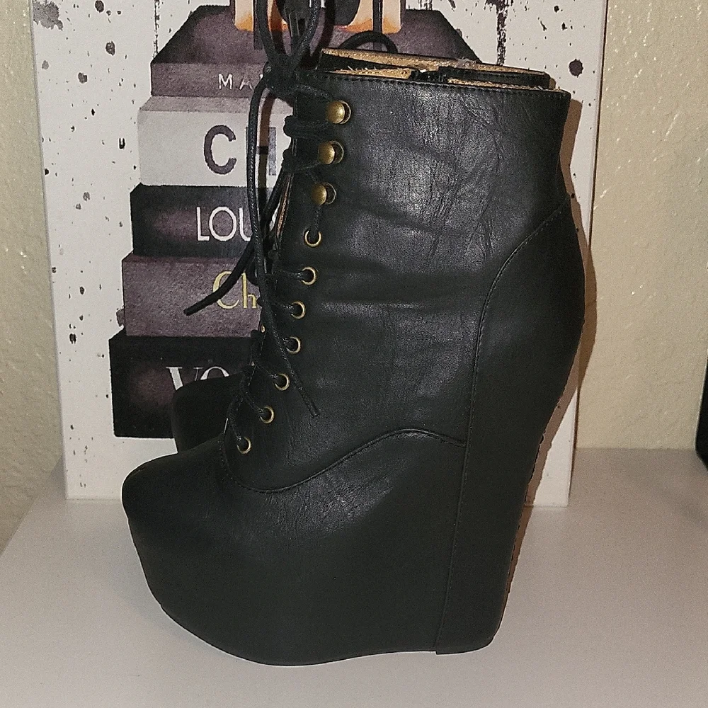 Jeffrey Campbell Damsel Black Lace Up Platform Wedge Boots, Sz 7.5 - Picture 8 of 11